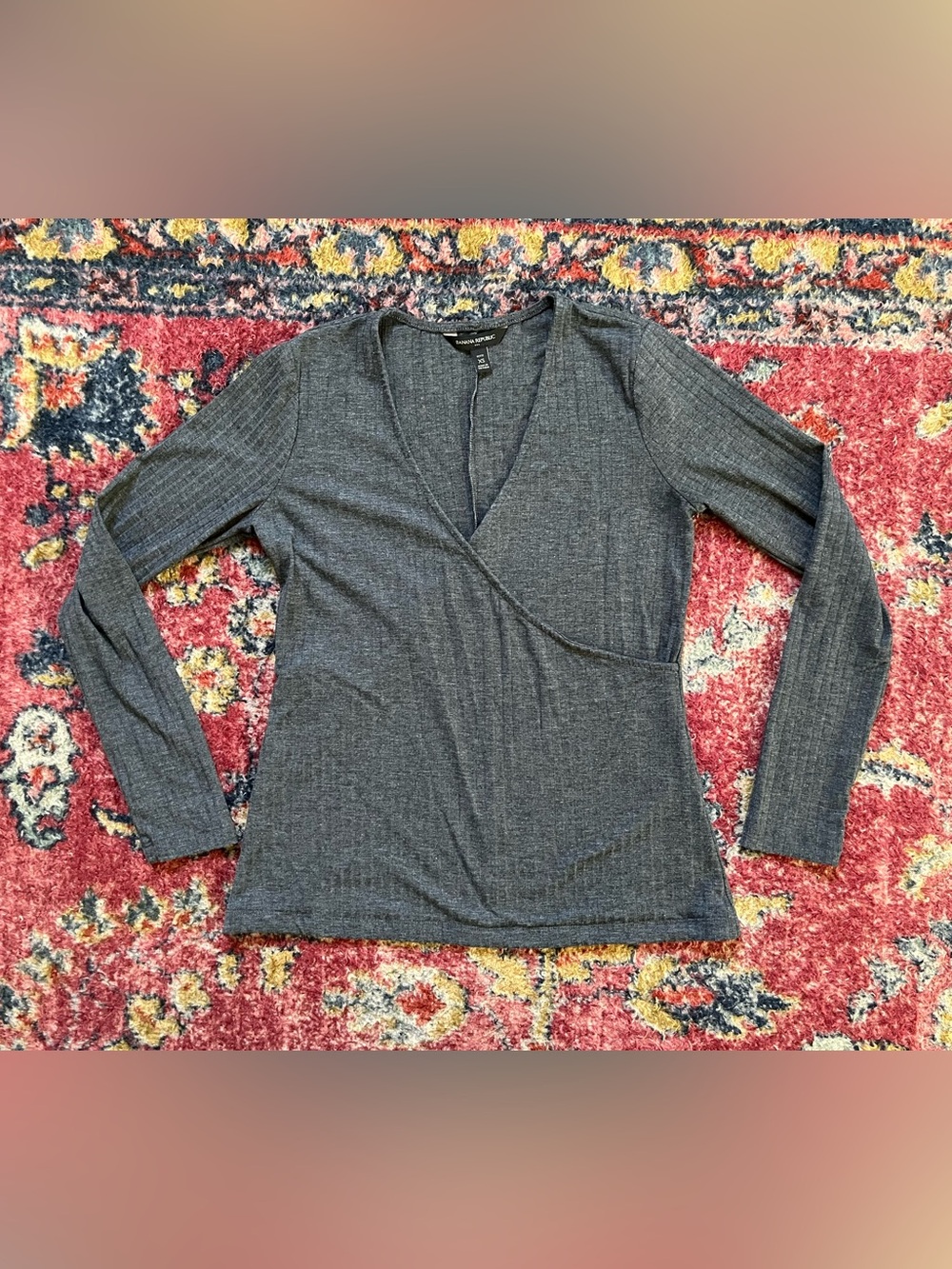 Banana Republic Charcoal Ribbed Wrap-Front Long Sleeve Top